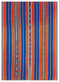 Girit Orange Striped Wool Handmade Area Rug 5'2" x 7'5"