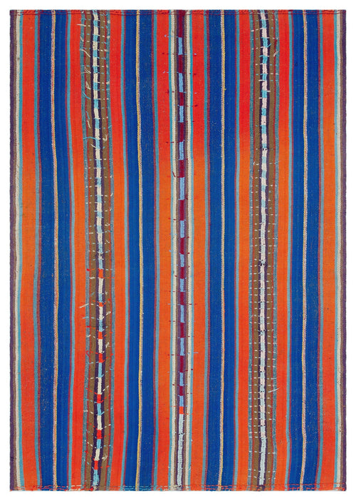 Girit Orange Striped Wool Handmade Area Rug 5'2" x 7'5"