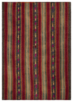 Girit Beige Striped Wool Handmade Area Rug 5'5" x 7'10"