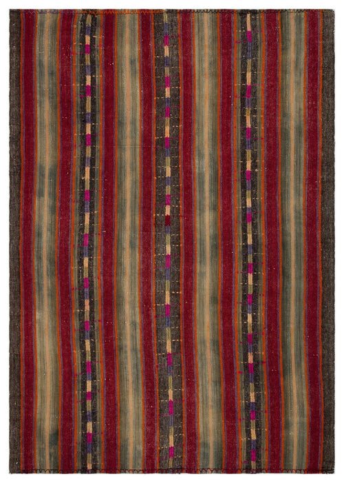 Girit Beige Striped Wool Handmade Area Rug 5'5" x 7'10"