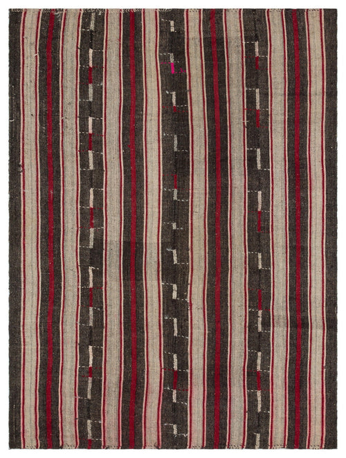 Girit Beige Striped Wool Handmade Area Rug 5'3" x 8'7"