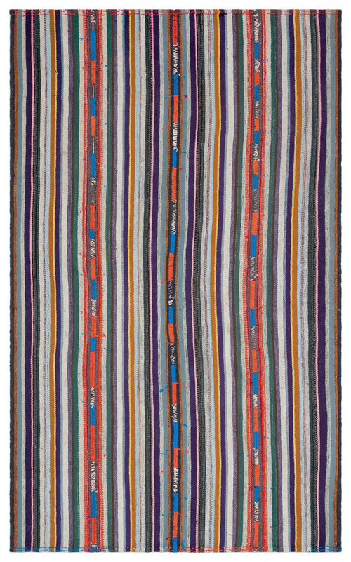 Girit Beige Striped Wool Handmade Area Rug 5'4" x 8'10"