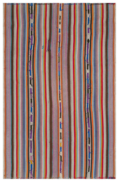 Girit Beige Striped Wool Handmade Area Rug 5'8" x 8'10"