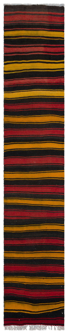 Girit Black Striped Wool Handmade Area Rug 2'6" x 13'1"