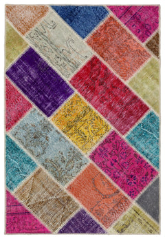 Iskece 34122 Beige Patchwork Wool Handmade Area Rug 4'0" x 5'11"