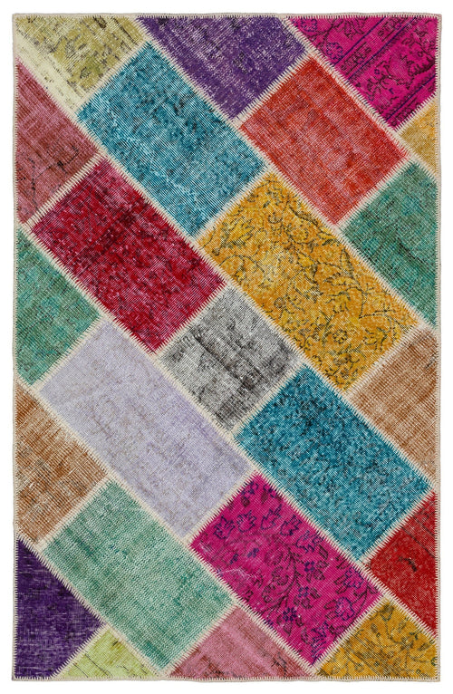 Iskece 34130 Beige Patchwork Wool Handmade Area Rug 4'0" x 6'2"