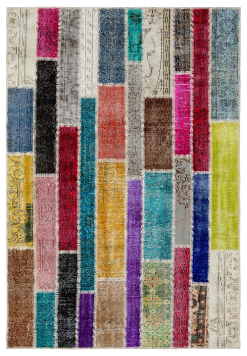 Iskece 34177 Beige Patchwork Wool Handmade Area Rug 5'3" x 7'7"