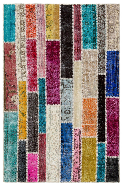 Iskece 34183 Beige Patchwork Wool Handmade Area Rug 5'0" x 7'8"