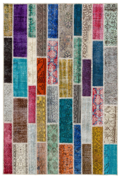 Iskece 34189 Beige Patchwork Wool Handmade Area Rug 5'0" x 7'5"