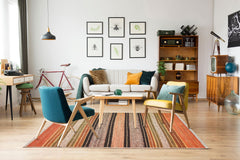 Cotton Washable Kilim – Orange Striped Rug | Fluff Resistant, Double Sided Mat