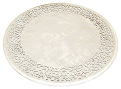 Modern Carved Leather Carpet | Shiny Bordered Beige Gold Round Rug