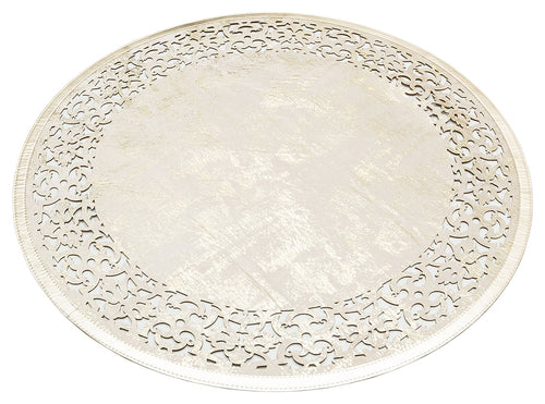 Modern Carved Leather Carpet | Shiny Bordered Beige Gold Round Rug