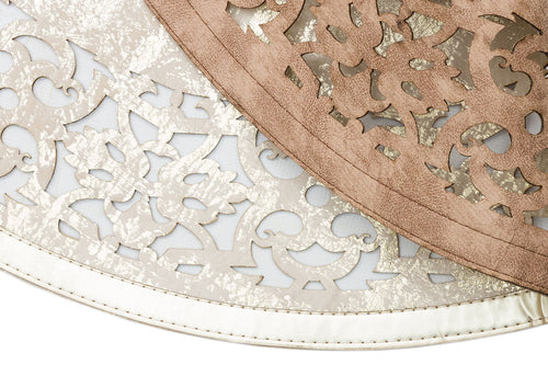 Modern Carved Leather Carpet | Shiny Bordered Beige Gold Round Rug