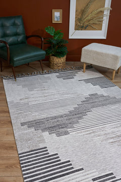 Grey Geometric Area Rug – Machine Made Spokane Cotton Yarn Carpet With Antislip