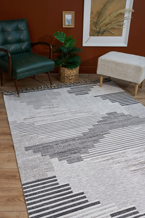 Grey Geometric Area Rug – Machine Made Spokane Cotton Yarn Carpet With Antislip