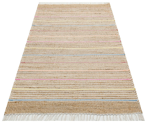 Handmade Jute Rug – Beige Striped Natural Jute Carpet | Soft Texture, Dust Free