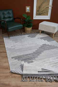 Grey Geometric Area Rug – Machine Made Spokane Cotton Yarn Carpet With Antislip