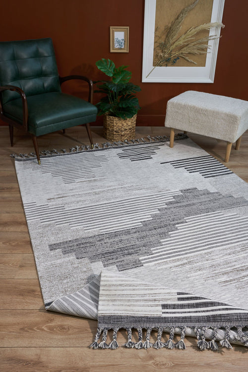 Grey Geometric Area Rug – Machine Made Spokane Cotton Yarn Carpet With Antislip