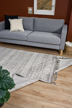 Grey Geometric Area Rug - Machine Made Cotton Yarn Carpet | Non Shedding