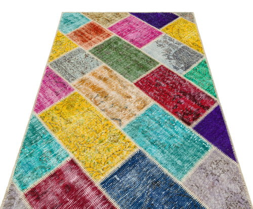 Iskece 35386 Beige Patchwork Wool Handmade Area Rug 4'0" x 5'11"
