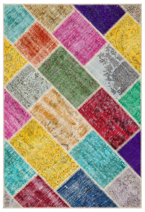 Iskece 35386 Beige Patchwork Wool Handmade Area Rug 4'0" x 5'11"