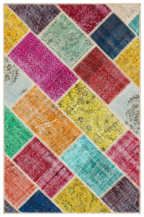 Iskece 35387 Beige Patchwork Wool Handmade Area Rug 4'0" x 6'1"