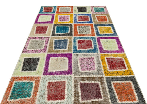 Iskece 35403 Beige Patchwork Wool Handmade Area Rug 5'3" x 7'11"