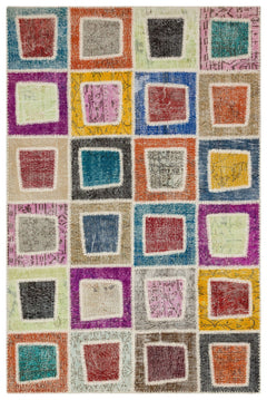 Iskece 35403 Beige Patchwork Wool Handmade Area Rug 5'3" x 7'11"