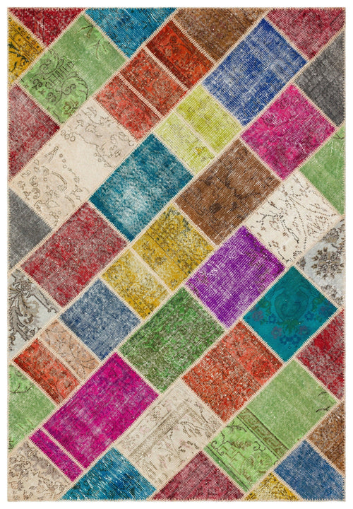 Iskece 35445 Beige Patchwork Wool Handmade Area Rug 5'3" x 7'7"