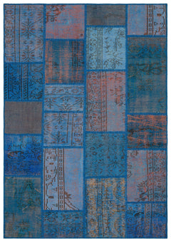 Iskece 35450 Blue Patchwork Wool Handmade Area Rug 5'4" x 7'7"