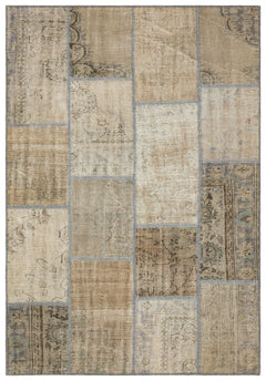 Iskece 35466 Beige Patchwork Wool Handmade Area Rug 5'3" x 7'7"