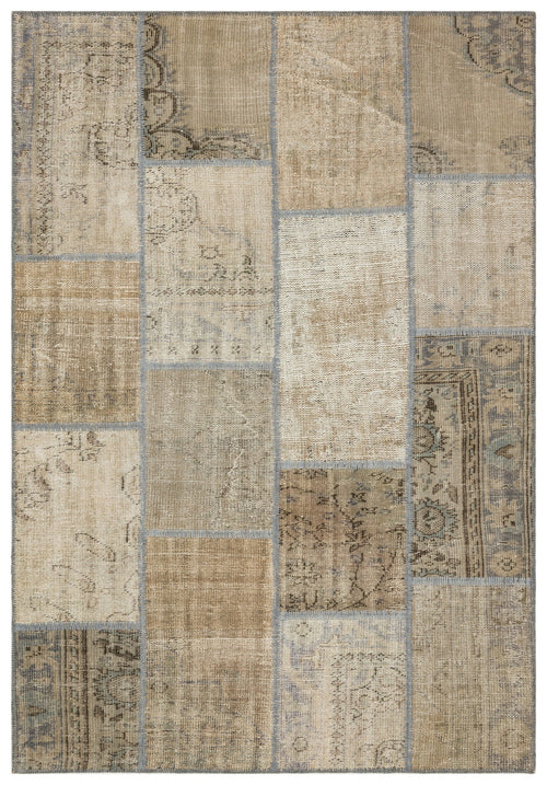 Iskece 35466 Beige Patchwork Wool Handmade Area Rug 5'3" x 7'7"