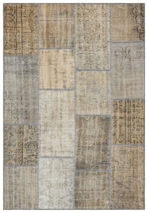 Iskece 35467 Beige Patchwork Wool Handmade Area Rug 5'3" x 7'7"