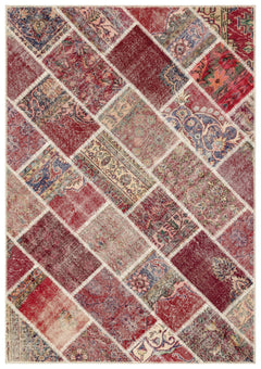 Iskece 35475 Burgundy Patchwork Wool Handmade Area Rug 5'4" x 7'7"