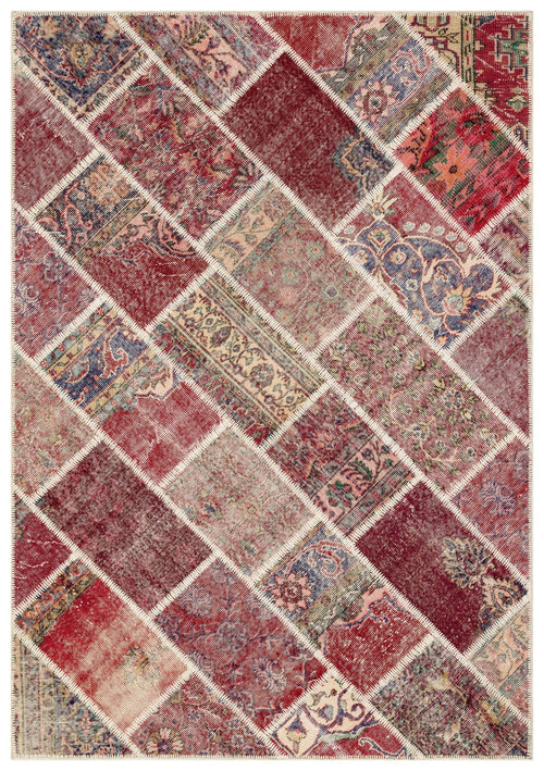 Iskece 35475 Burgundy Patchwork Wool Handmade Area Rug 5'4" x 7'7"