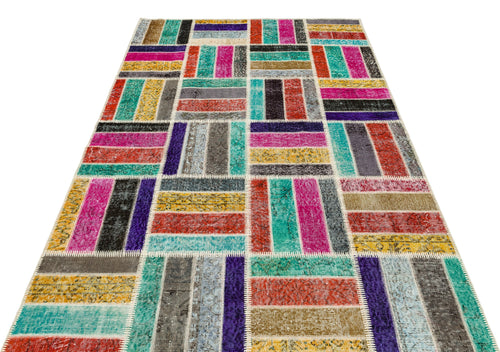 Iskece 35478 Beige Patchwork Wool Handmade Area Rug 5'4" x 8'0"