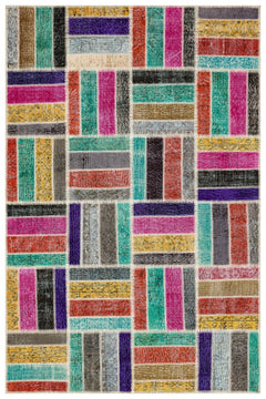 Iskece 35478 Beige Patchwork Wool Handmade Area Rug 5'4" x 8'0"