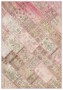 Iskece 35480 Beige Patchwork Wool Handmade Area Rug 5'3" x 7'7"