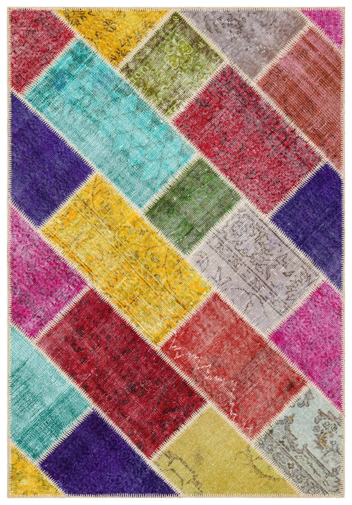 Iskece 35562 Beige Patchwork Wool Handmade Area Rug 4'1" x 5'11"