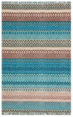 Blue Striped Cotton Rug - Washable Non Slip Area Rug With Fringed Edges