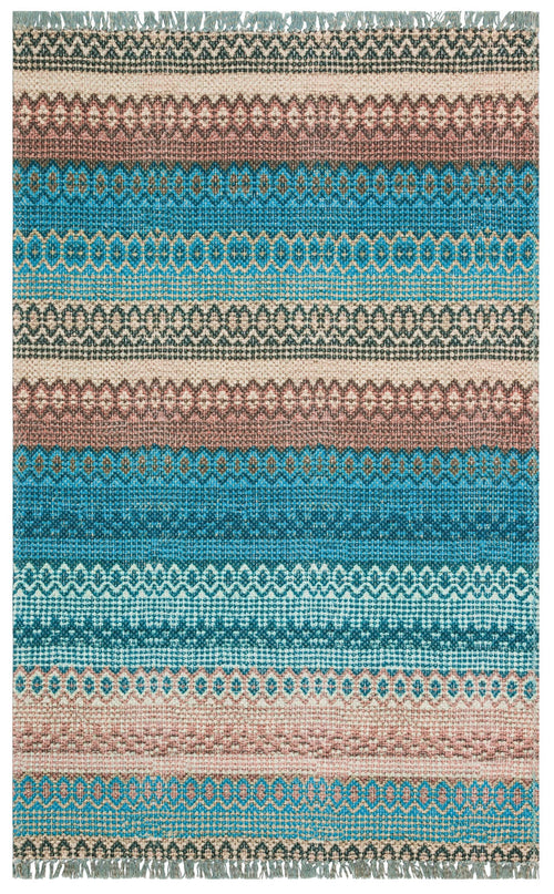 Blue Striped Cotton Rug - Washable Non Slip Area Rug With Fringed Edges