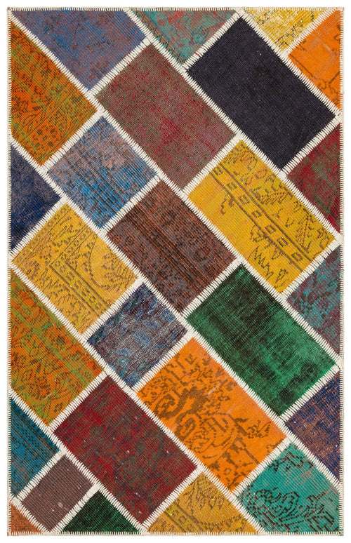 Iskece 35807 Beige Patchwork Wool Handmade Area Rug 4'0" x 6'1"