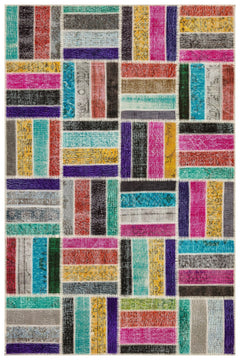 Iskece 35811 Beige Patchwork Wool Handmade Area Rug 5'4" x 8'0"