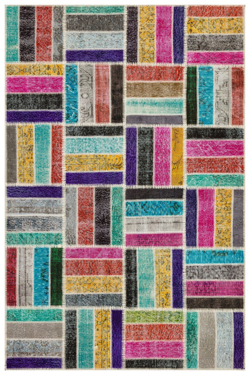 Iskece 35811 Beige Patchwork Wool Handmade Area Rug 5'4" x 8'0"