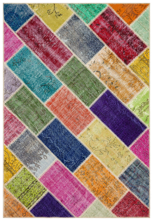 Iskece 35812 Beige Patchwork Wool Handmade Area Rug 5'3" x 7'8"