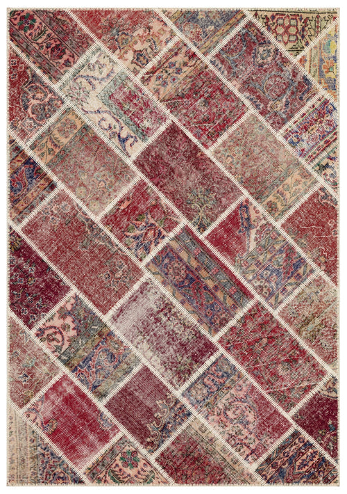 Iskece Red Patchwork Wool Handmade Area Rug 5'4" x 7'8"