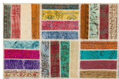 Iskece 35814 Beige Patchwork Wool Handmade Area Rug 5'1" x 8'5"