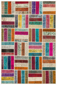 Iskece 35814 Beige Patchwork Wool Handmade Area Rug 5'1" x 8'5"