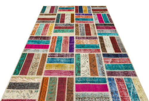 Iskece 35816 Beige Patchwork Wool Handmade Area Rug 5'4" x 8'0"