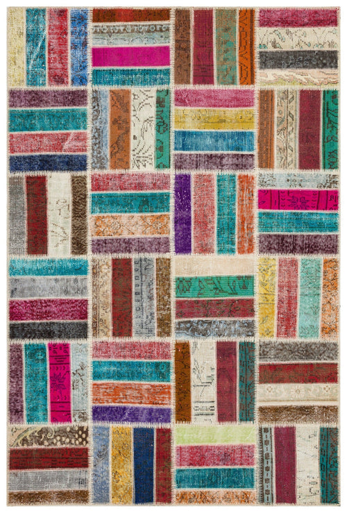 Iskece 35816 Beige Patchwork Wool Handmade Area Rug 5'4" x 8'0"